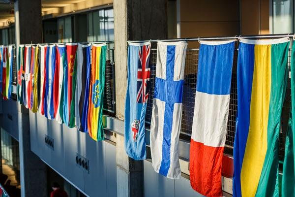 Flags from various nations on display at the IUPUI Campus Center.
