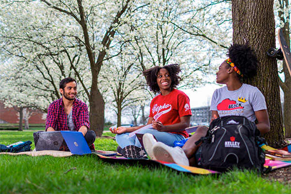Three students sit under a tree, smiling and talking